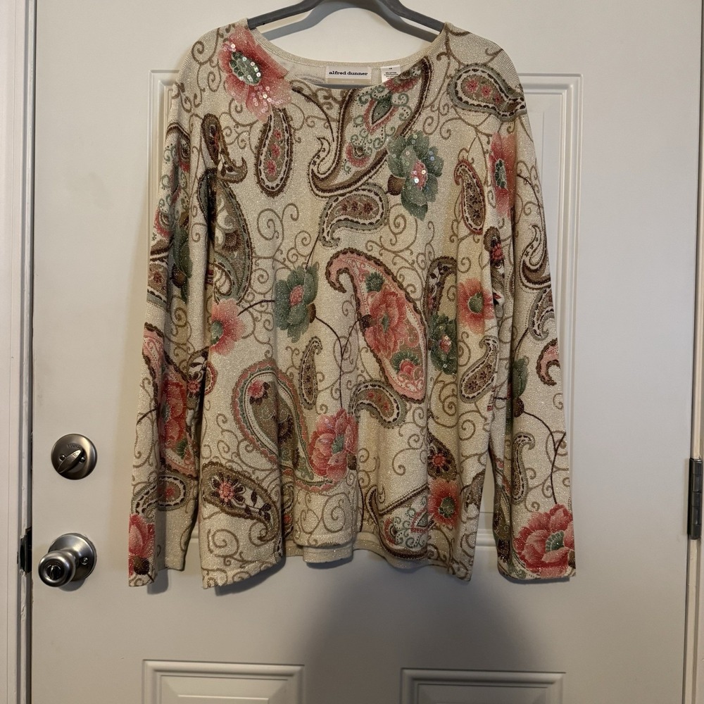 Alfred Dunner Blouse Sz XL Floral Paisley Metallic Sparkle Boho Sweater Top